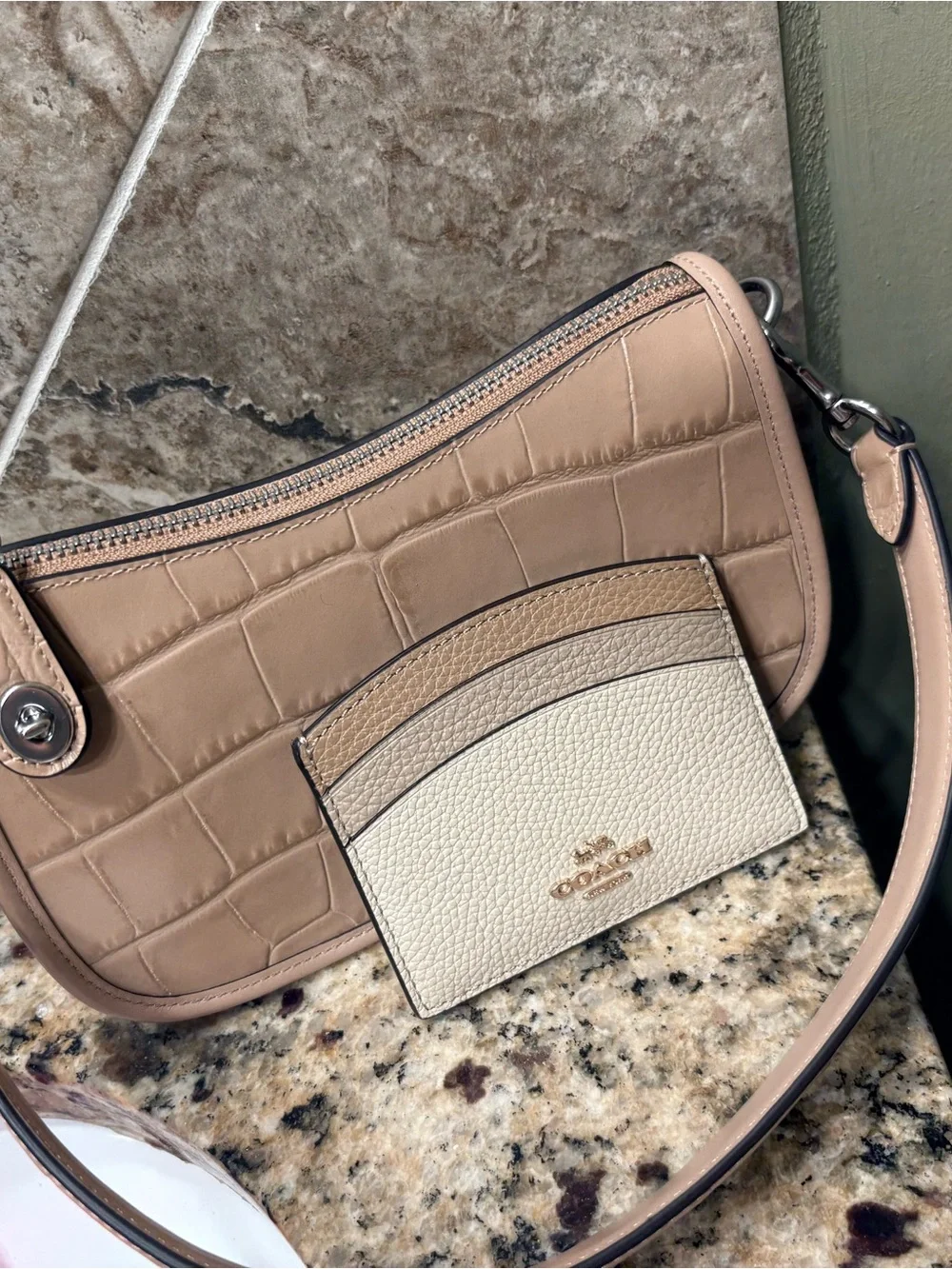 Coach Taupe Croc-Embossed Shoulder Bag with Cream & Taupe Card Case